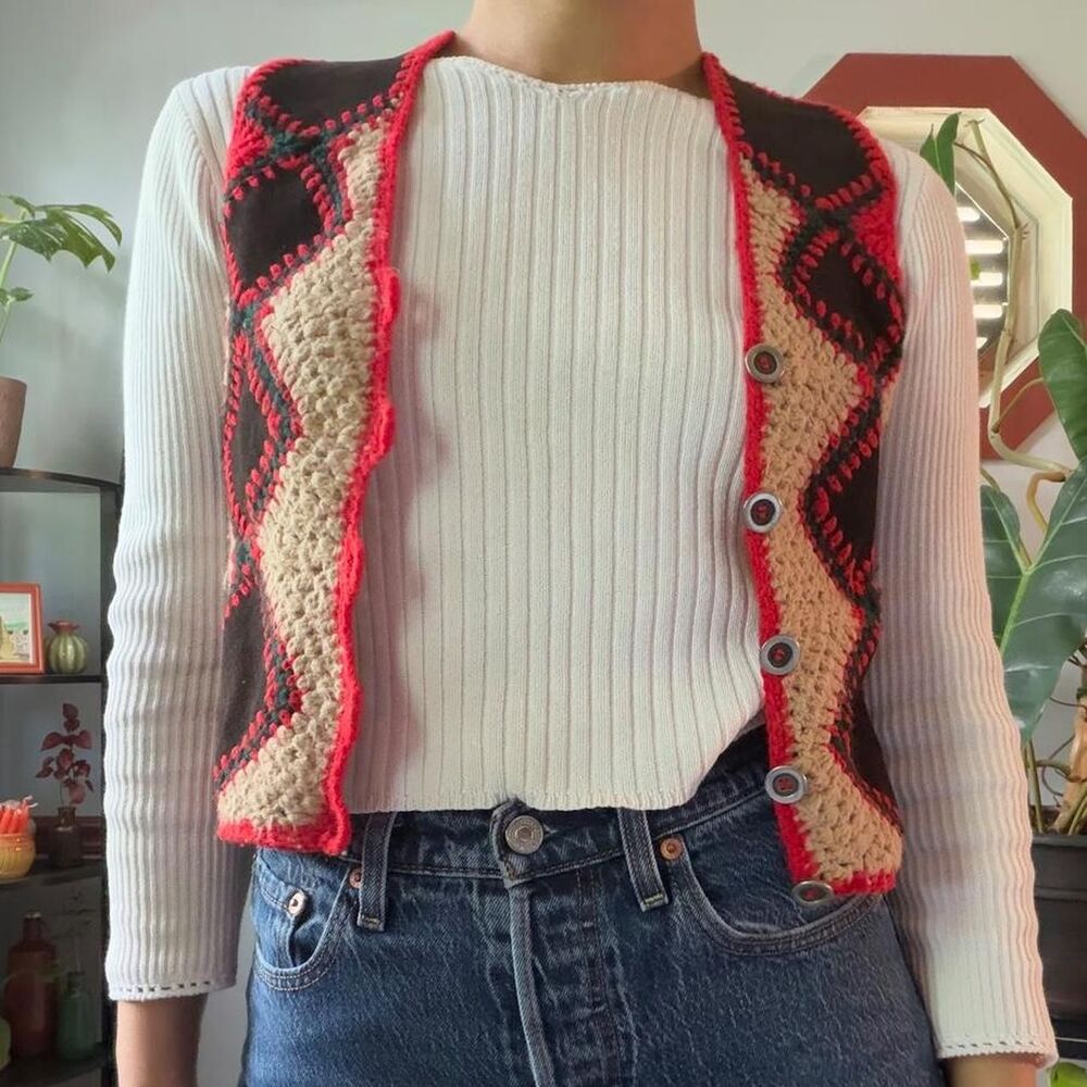 Vintage 1970s leather crochet folk vest - Picture 2 of 8